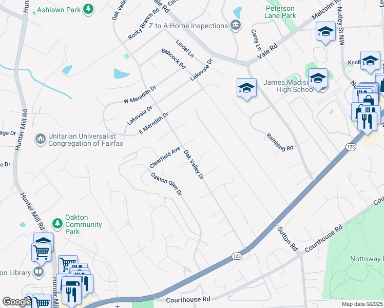 map of restaurants, bars, coffee shops, grocery stores, and more near 2621 Oak Valley Drive in Vienna