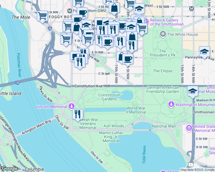 map of restaurants, bars, coffee shops, grocery stores, and more near Constitution Avenue Northwest in Washington