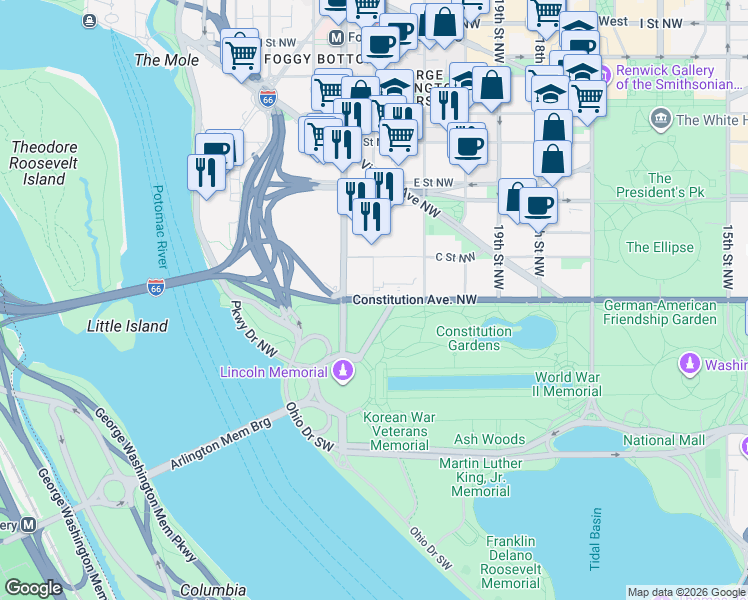 map of restaurants, bars, coffee shops, grocery stores, and more near Constitution Avenue Northwest in Washington