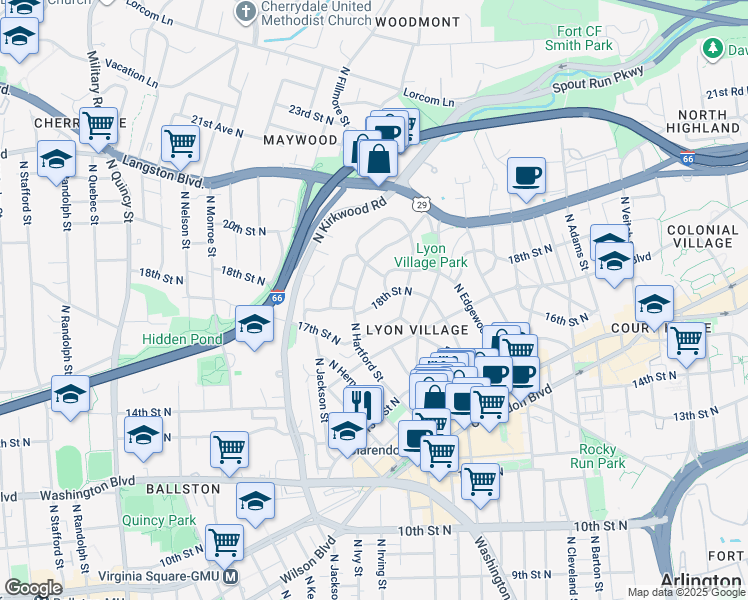 map of restaurants, bars, coffee shops, grocery stores, and more near 3131 18th Street North in Arlington