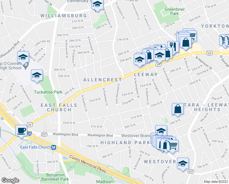 map of restaurants, bars, coffee shops, grocery stores, and more near 6105 23rd Street North in Arlington