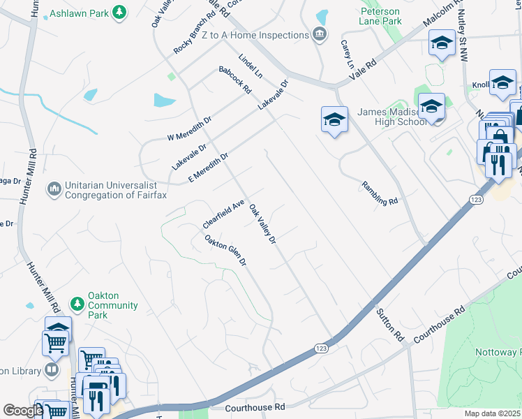 map of restaurants, bars, coffee shops, grocery stores, and more near 2621 Oak Valley Drive in Vienna