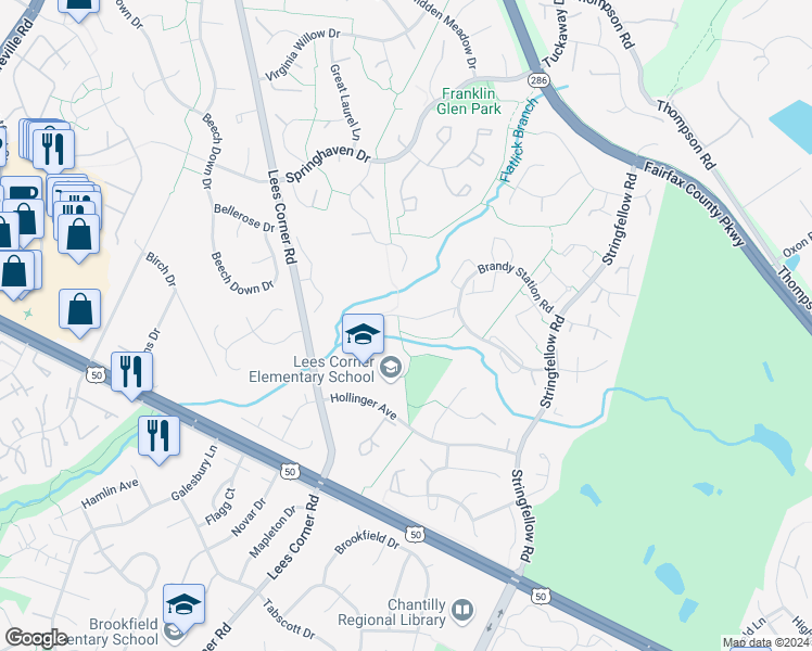map of restaurants, bars, coffee shops, grocery stores, and more near 13355 Foxhole Drive in Fairfax