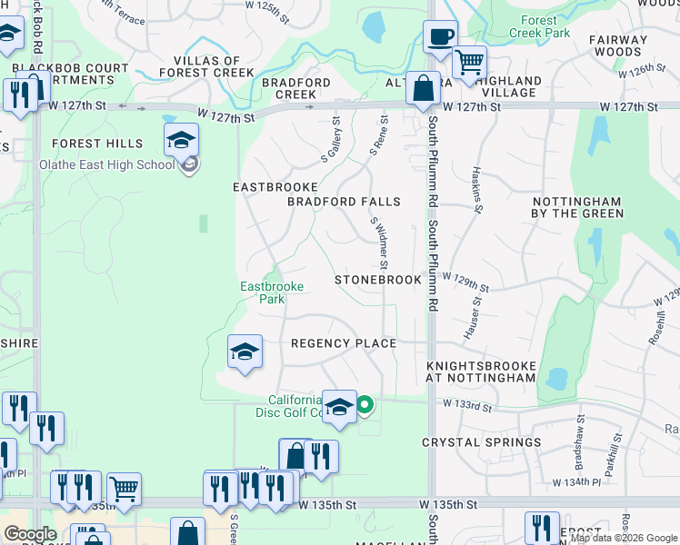 map of restaurants, bars, coffee shops, grocery stores, and more near 13657 West 129th Terrace in Olathe
