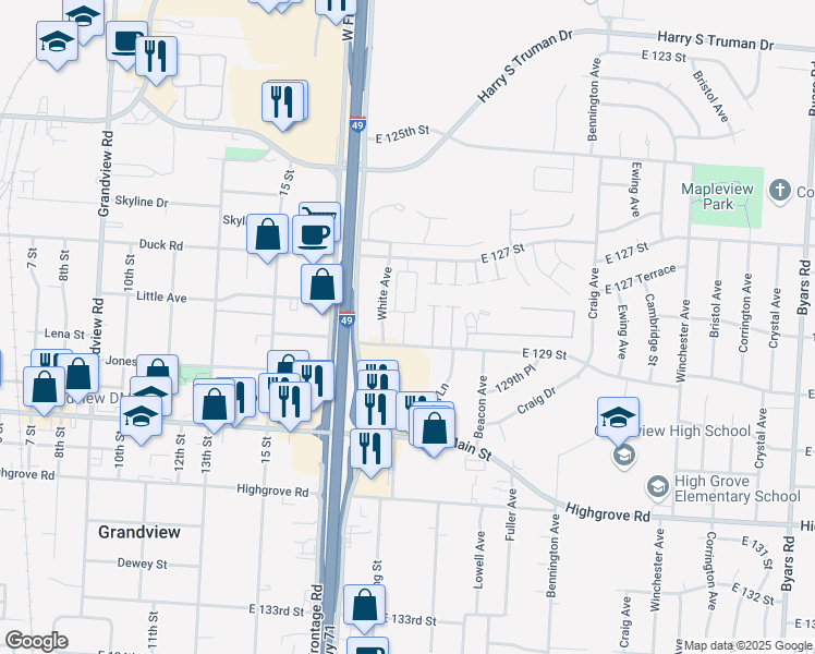 map of restaurants, bars, coffee shops, grocery stores, and more near 6014 East 129 Street in Grandview