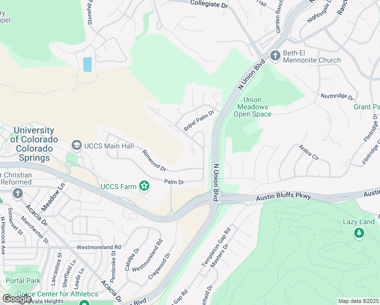 map of restaurants, bars, coffee shops, grocery stores, and more near 2038 Palm Drive in Colorado Springs