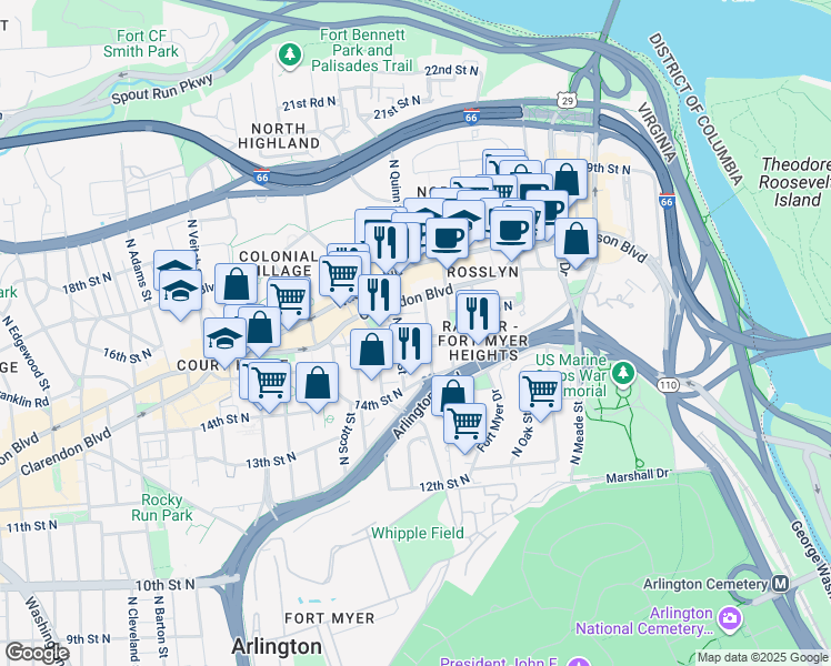 map of restaurants, bars, coffee shops, grocery stores, and more near 1701 16th Street North in Arlington