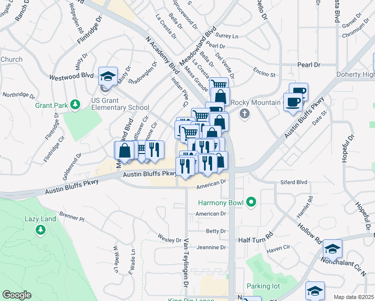map of restaurants, bars, coffee shops, grocery stores, and more near 3620 Austin Bluffs Parkway in Colorado Springs
