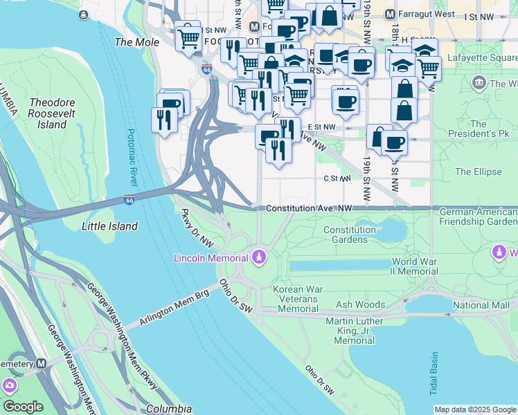 map of restaurants, bars, coffee shops, grocery stores, and more near Constitution Ave NW & 23rd St NW in Washington