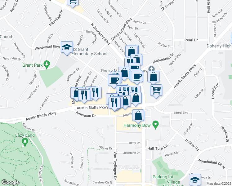 map of restaurants, bars, coffee shops, grocery stores, and more near 3620 Austin Bluffs Parkway in Colorado Springs