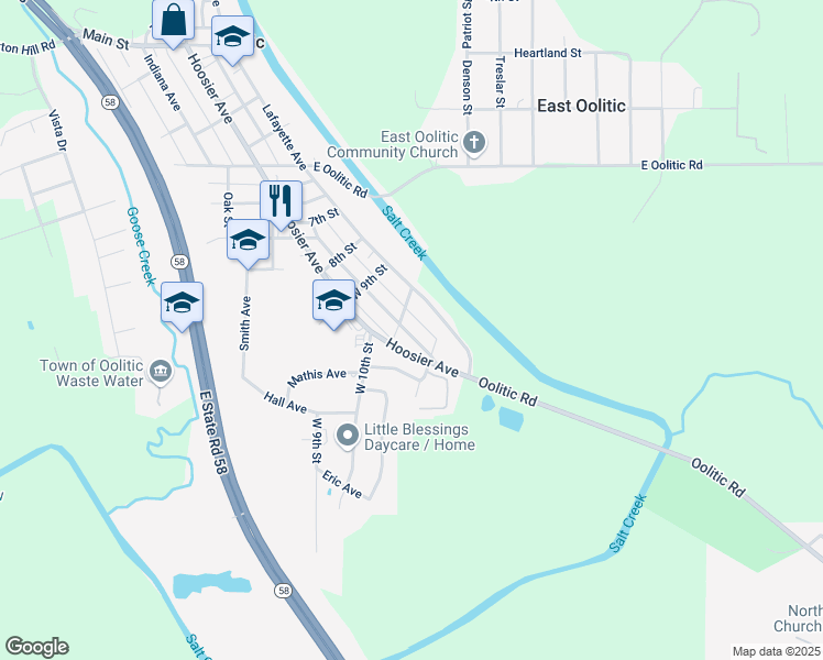 map of restaurants, bars, coffee shops, grocery stores, and more near 1006 Walnut Street in Oolitic
