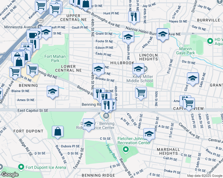 map of restaurants, bars, coffee shops, grocery stores, and more near 4604 Blaine Street Northeast in Washington