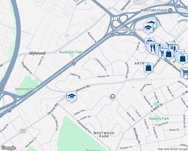 map of restaurants, bars, coffee shops, grocery stores, and more near 7414 Venice Street in Falls Church