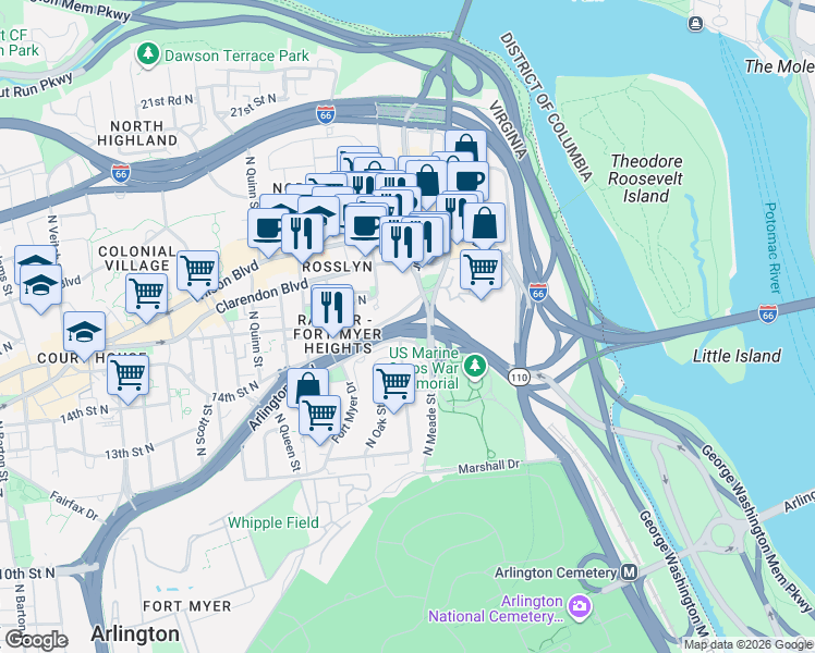 map of restaurants, bars, coffee shops, grocery stores, and more near 101 Independence Avenue Southeast in Washington