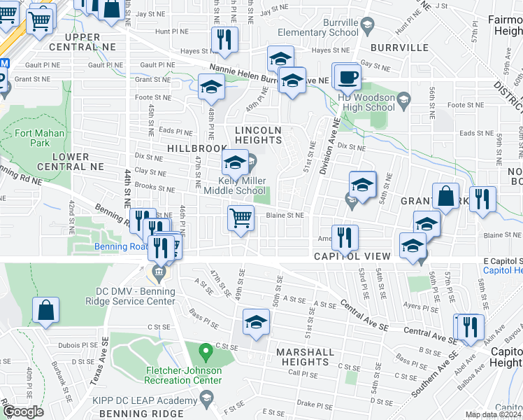 map of restaurants, bars, coffee shops, grocery stores, and more near 4936 Blaine Street Northeast in Washington