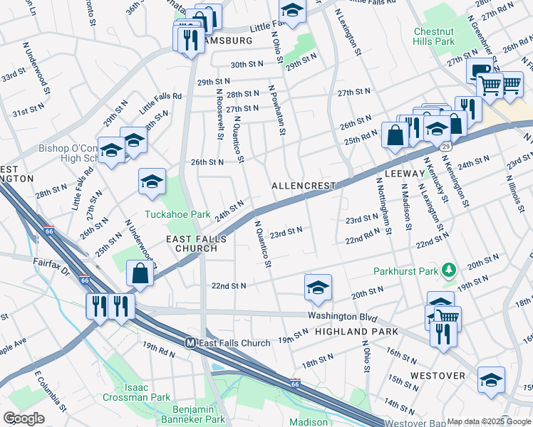 map of restaurants, bars, coffee shops, grocery stores, and more near 6258 Lee Highway in Arlington
