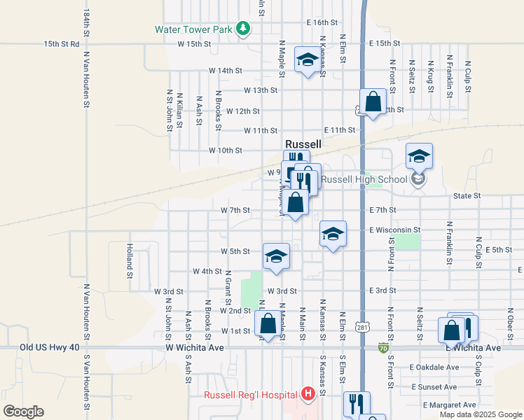 map of restaurants, bars, coffee shops, grocery stores, and more near 300 West 7th Street in Russell