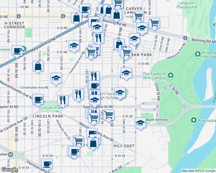 map of restaurants, bars, coffee shops, grocery stores, and more near 1620 Constitution Avenue Northeast in Washington