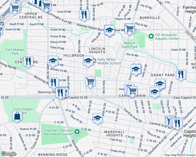map of restaurants, bars, coffee shops, grocery stores, and more near 4936 Blaine Street Northeast in Washington