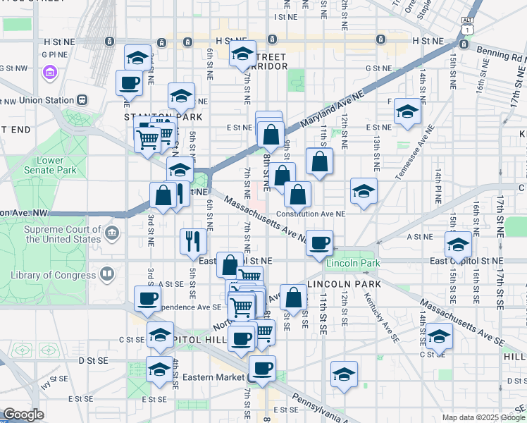 map of restaurants, bars, coffee shops, grocery stores, and more near 101 Independence Avenue Southeast in Washington