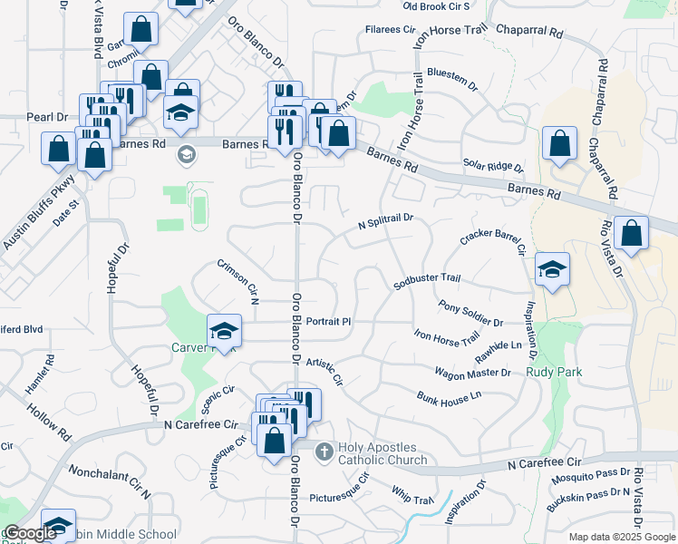 map of restaurants, bars, coffee shops, grocery stores, and more near 4102 Sod House Trail in Colorado Springs