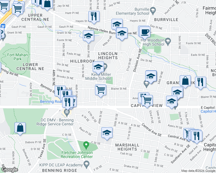 map of restaurants, bars, coffee shops, grocery stores, and more near 4934 Blaine Street Northeast in Washington
