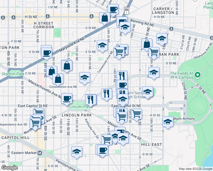 map of restaurants, bars, coffee shops, grocery stores, and more near 1364 Constitution Avenue Northeast in Washington
