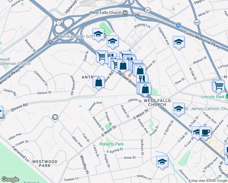 map of restaurants, bars, coffee shops, grocery stores, and more near 217 Gordons Road in Falls Church