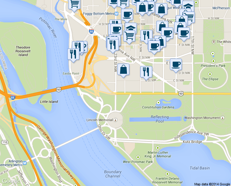 map of restaurants, bars, coffee shops, grocery stores, and more near Constitution Ave NW & 23rd St NW in Washington