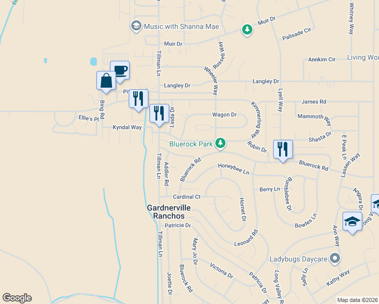 map of restaurants, bars, coffee shops, grocery stores, and more near 1325 Yellowjacket Lane in Gardnerville