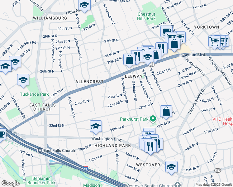 map of restaurants, bars, coffee shops, grocery stores, and more near 6021 23rd Street North in Arlington