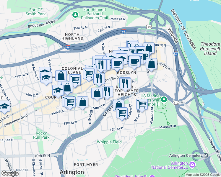 map of restaurants, bars, coffee shops, grocery stores, and more near 1610 North Queen Street in Arlington