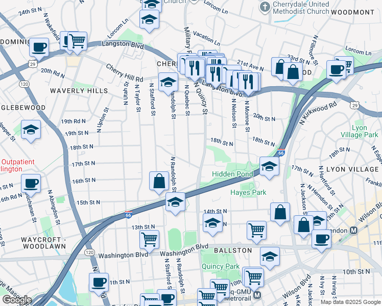 map of restaurants, bars, coffee shops, grocery stores, and more near 1713 North Quebec Street in Arlington