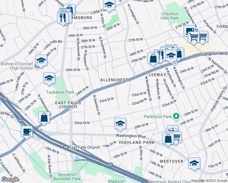 map of restaurants, bars, coffee shops, grocery stores, and more near 2318 North Powhatan Street in Arlington