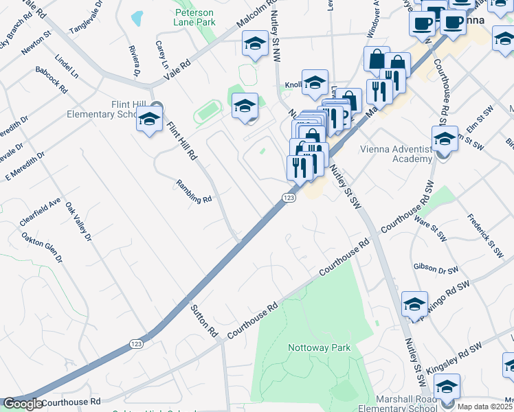 map of restaurants, bars, coffee shops, grocery stores, and more near 2693 Glengyle Drive in Vienna