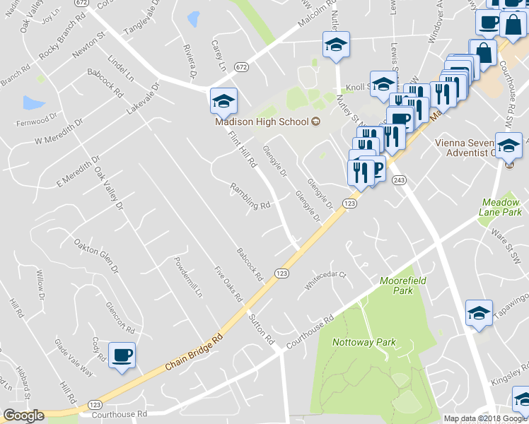 map of restaurants, bars, coffee shops, grocery stores, and more near 2576 Rambling Road in Vienna