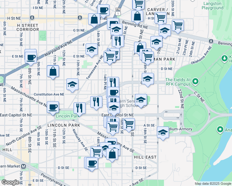 map of restaurants, bars, coffee shops, grocery stores, and more near 1520 Constitution Avenue Northeast in Washington