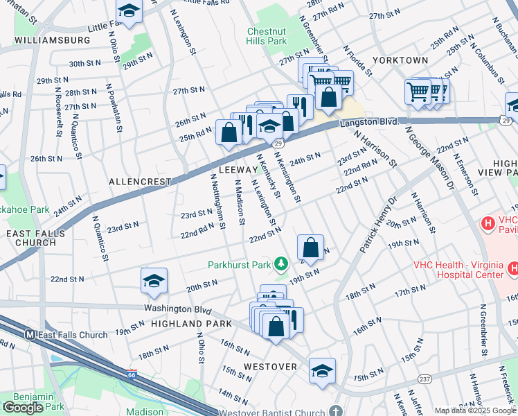 map of restaurants, bars, coffee shops, grocery stores, and more near 2234 North Lexington Street in Arlington