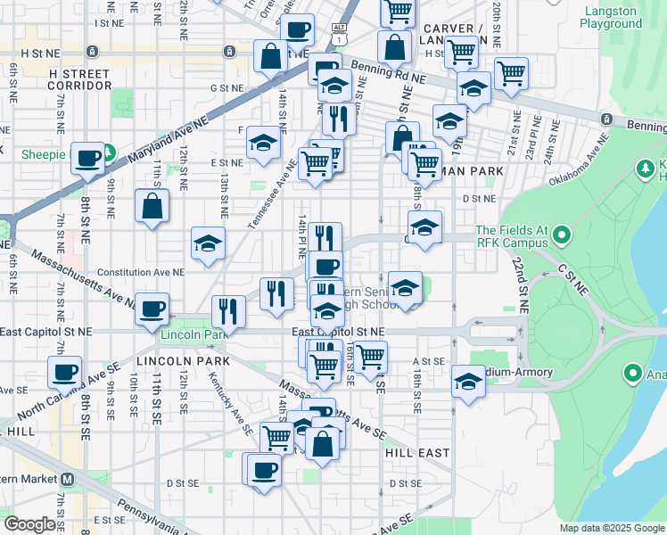 map of restaurants, bars, coffee shops, grocery stores, and more near 101 Independence Avenue Southeast in Washington