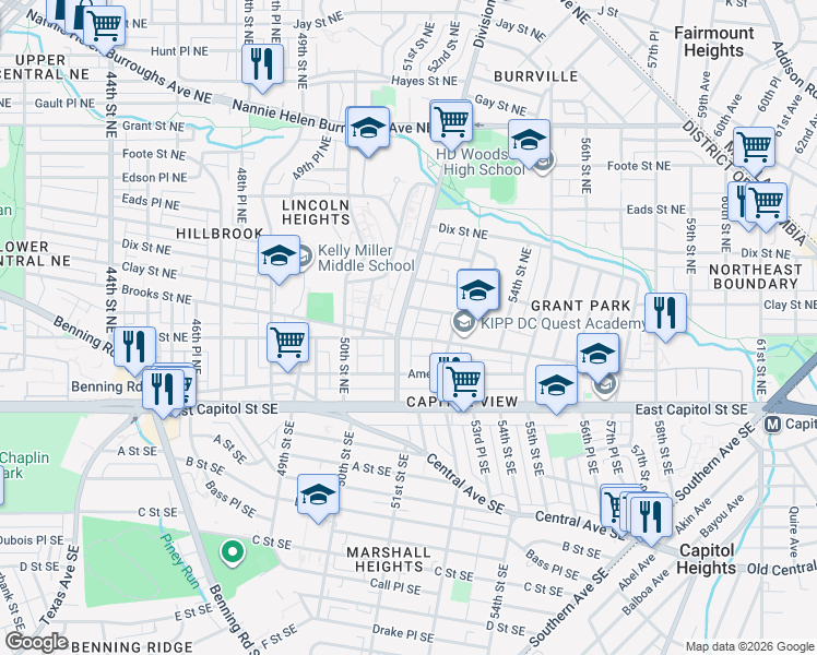 map of restaurants, bars, coffee shops, grocery stores, and more near 5200 Blaine Street Northeast in Washington