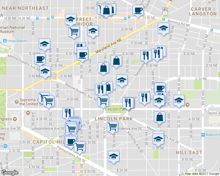 map of restaurants, bars, coffee shops, grocery stores, and more near 1118 Constitution Avenue Northeast in Washington