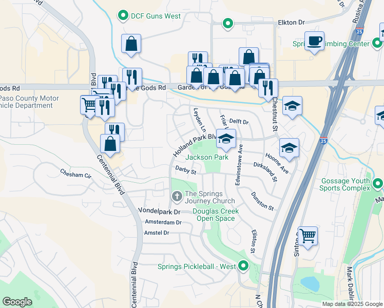 map of restaurants, bars, coffee shops, grocery stores, and more near 4118 Forrest Hill Road in Colorado Springs
