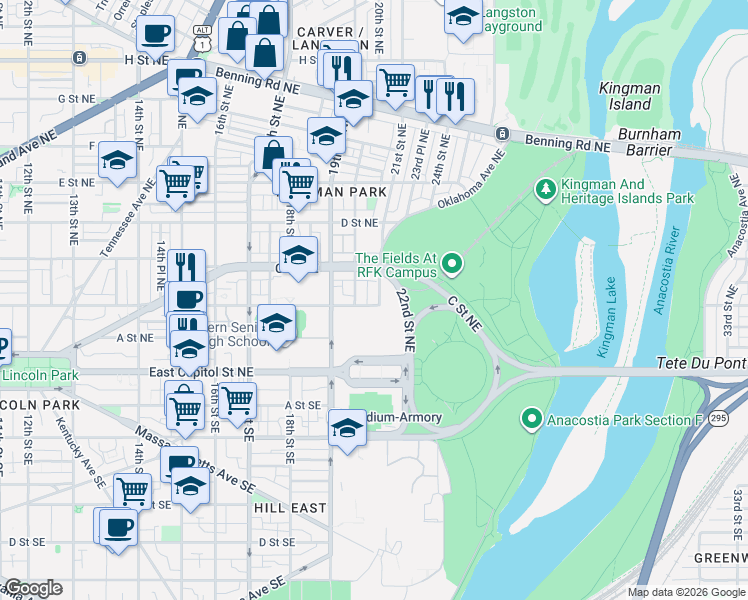 map of restaurants, bars, coffee shops, grocery stores, and more near 101 Independence Avenue Southeast in Washington