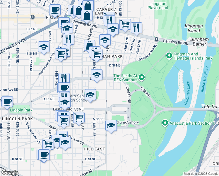 map of restaurants, bars, coffee shops, grocery stores, and more near 101 Independence Avenue Southeast in Washington