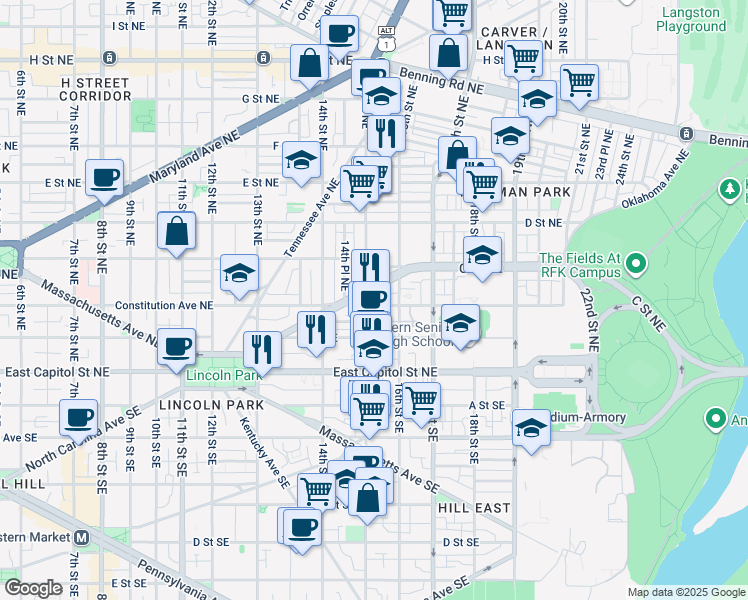 map of restaurants, bars, coffee shops, grocery stores, and more near 101 Independence Avenue Southeast in Washington