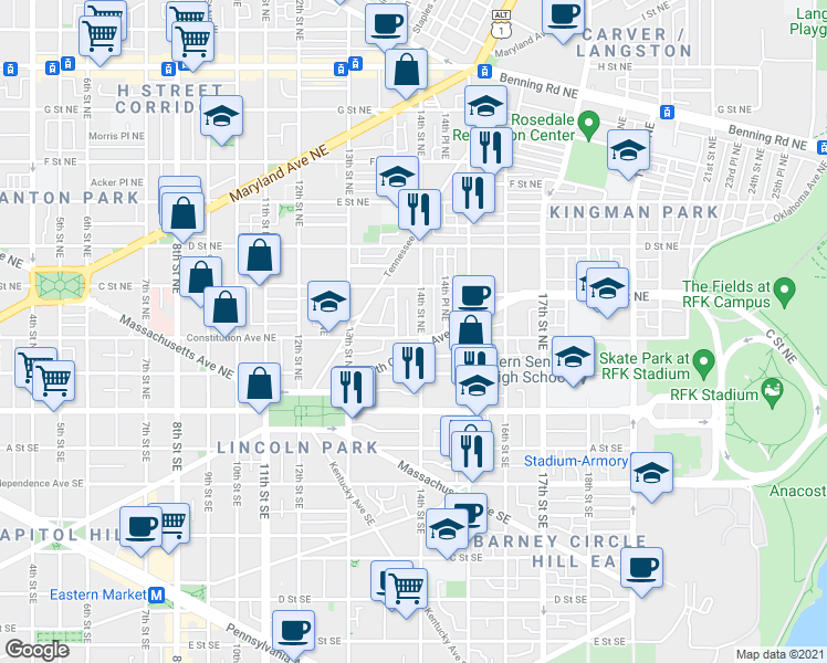 map of restaurants, bars, coffee shops, grocery stores, and more near 101 Independence Avenue Southeast in Washington