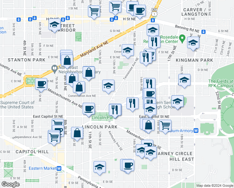 map of restaurants, bars, coffee shops, grocery stores, and more near 101 Independence Avenue Southeast in Washington