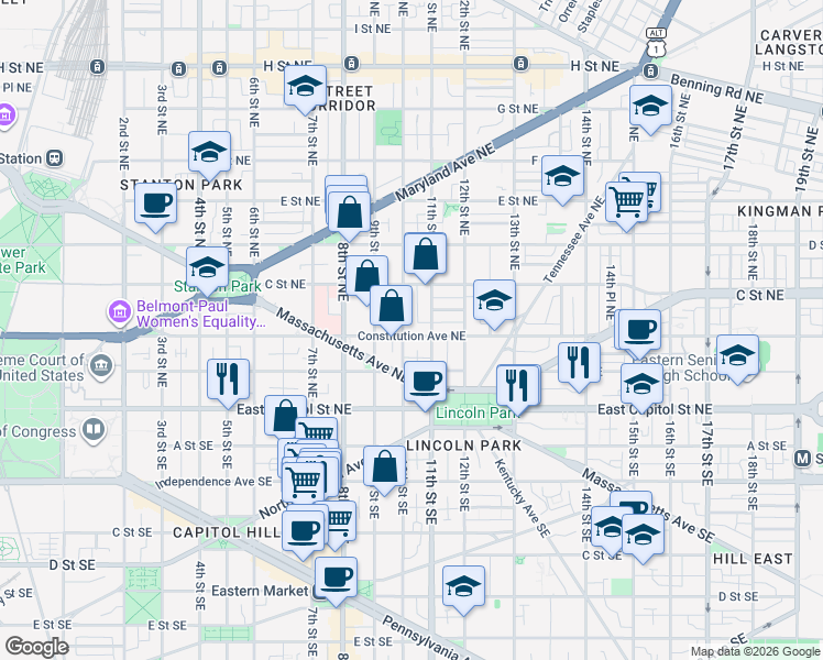 map of restaurants, bars, coffee shops, grocery stores, and more near 101 Independence Avenue Southeast in Washington