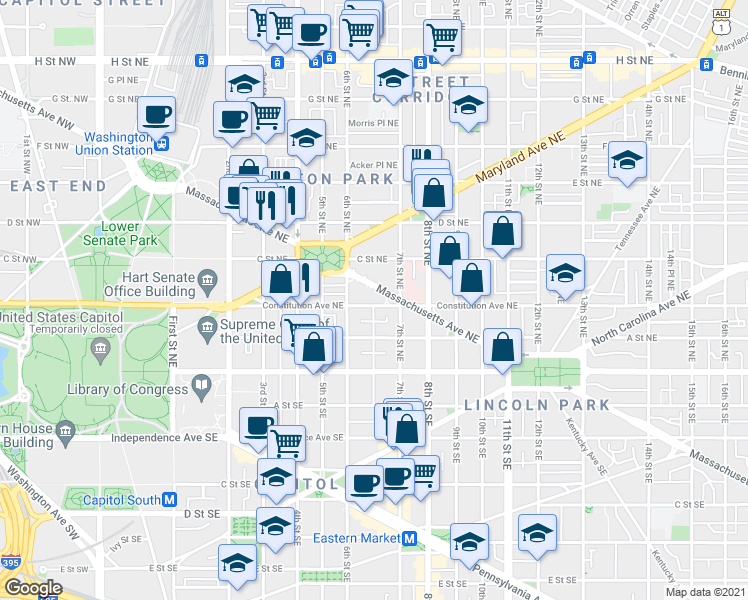 map of restaurants, bars, coffee shops, grocery stores, and more near 101 Independence Avenue Southeast in Washington