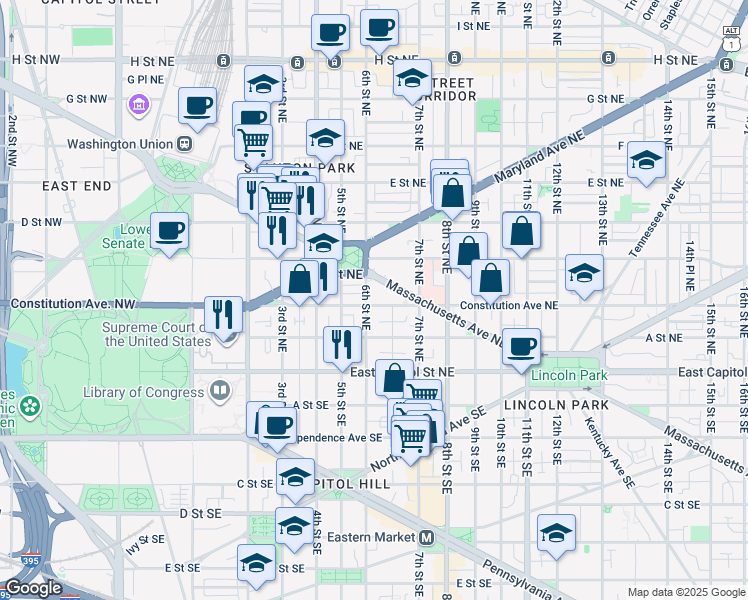 map of restaurants, bars, coffee shops, grocery stores, and more near 101 Independence Avenue Southeast in Washington